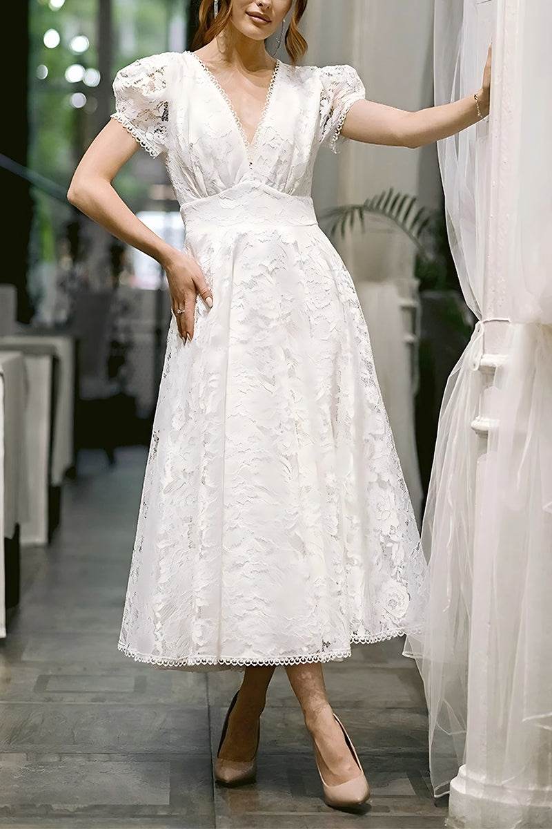 A-Line Tea Length Lace Little White Dress 100020 - COCOMELODY